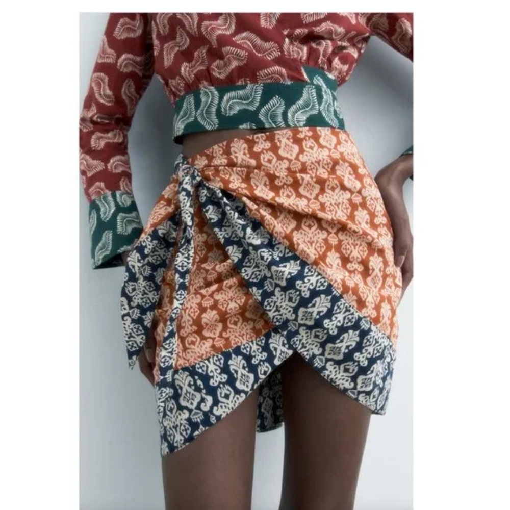 Zara Orange and Blue Wrap Mini Skirt